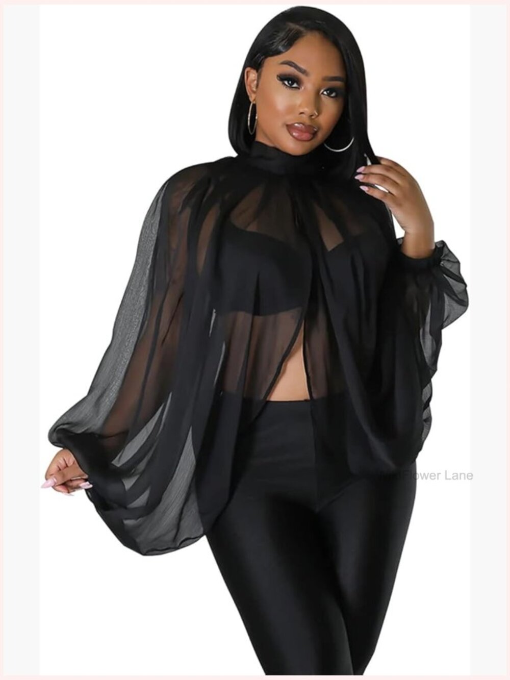 Sexy Sheer Chiffon Lantern Sleeve Blouse Front Back Open Self Tie Top - Picture 1 of 7